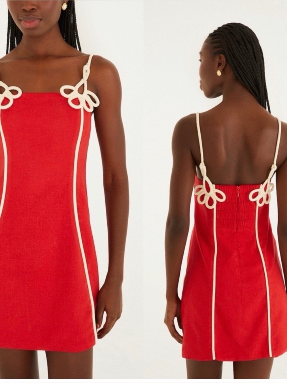 FARM Rio Red Mini Dress with Cream Piping and Flower Straps…